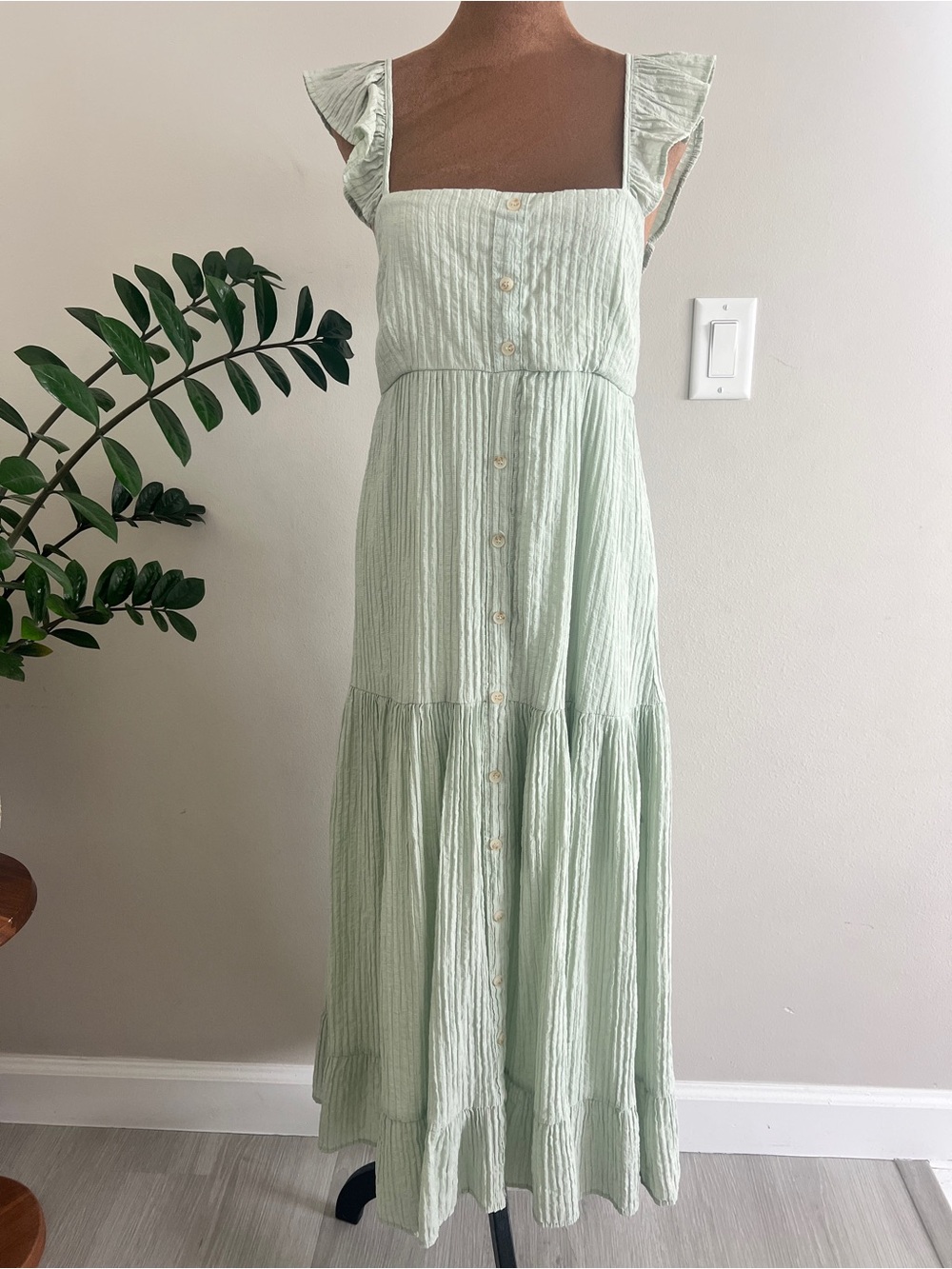 Sleeveless Ruffle Strap Midi Dress in Sage Green